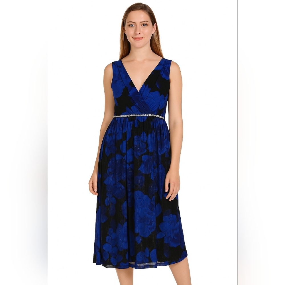 Alexa B Nites New Elegant Blue Floral Midi Sequin Pullover Dress Size 4 Petite